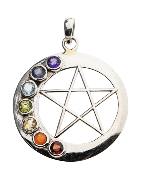 Pentagramm Chakra Anhänger mit 7 Edelsteinen 925 Sterling Silber